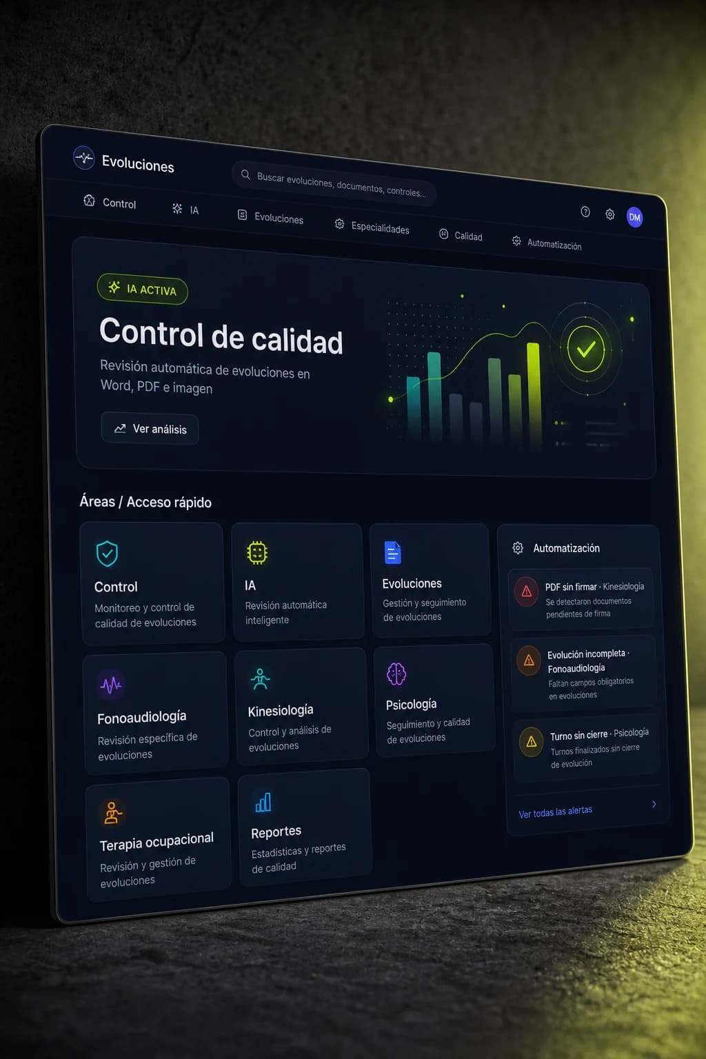 Control panel. AI reviewing records and clinic areas.
